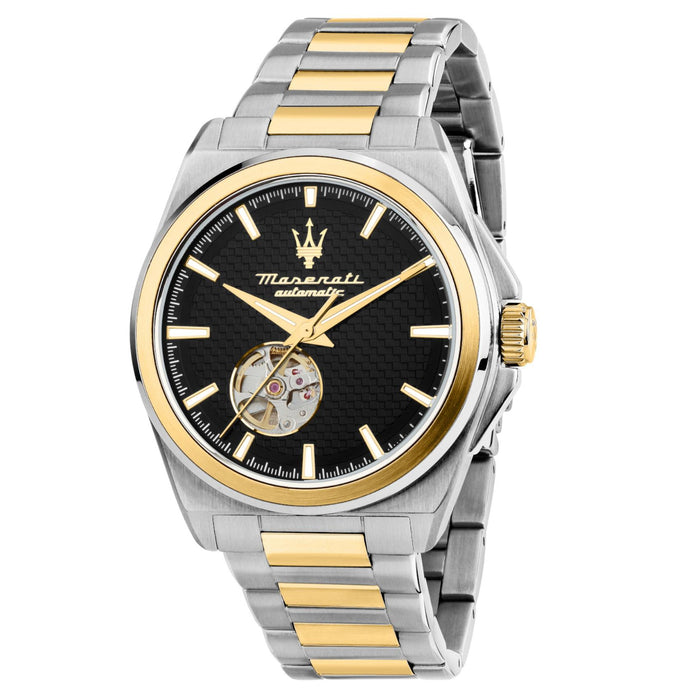 Ανδρικό ρολόι Maserati Velocita R8823152001 με δίχρωμο μπρασελέ από ανοξείδωτο ατσάλι σε ασημί και χρυσό, εμφανή μηχανισμό, μαύρο καντράν, χρυσούς δείκτες και κάσα 41mm