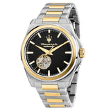 Ανδρικό ρολόι Maserati Velocita R8823152001 με δίχρωμο μπρασελέ από ανοξείδωτο ατσάλι σε ασημί και χρυσό, εμφανή μηχανισμό, μαύρο καντράν, χρυσούς δείκτες και κάσα 41mm