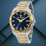 Φωτογραφία του μπλε καντράν του Maserati Velocita R8853152001 με χρυσούς δείκτες και ένδειξη ημερομηνίας, τζαμάκι από ορυκτό κρύσταλλο ειδικής σκλήρυνσης.