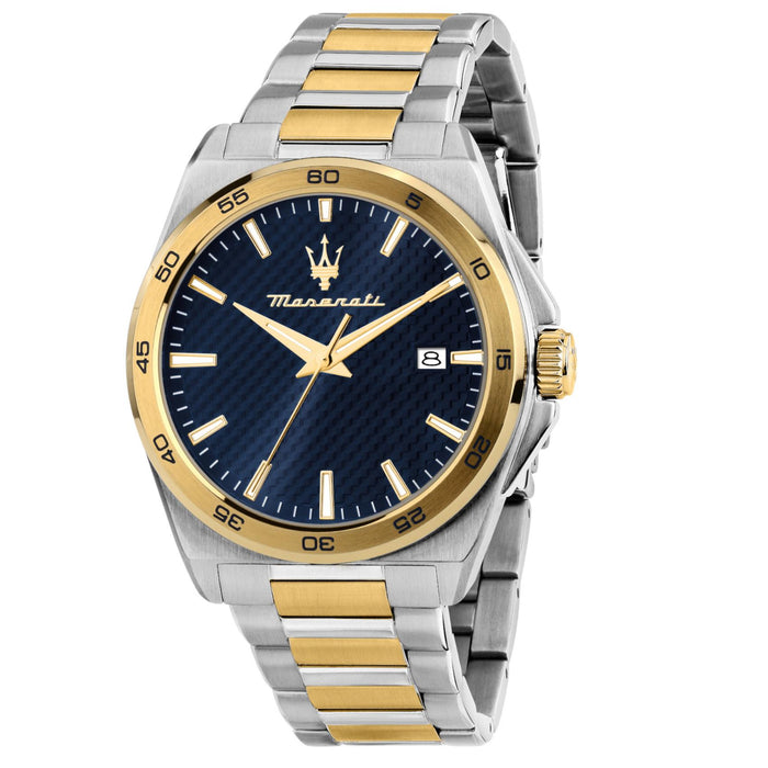 Ανδρικό ρολόι Maserati Velocita R8853152001 με δίχρωμο μπρασελέ από ανοξείδωτο ατσάλι σε ασημί και χρυσό, μπλε καντράν, χρυσούς δείκτες, ένδειξη ημερομηνίας και κάσα 41mm