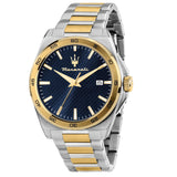 Ανδρικό ρολόι Maserati Velocita R8853152001 με δίχρωμο μπρασελέ από ανοξείδωτο ατσάλι σε ασημί και χρυσό, μπλε καντράν, χρυσούς δείκτες, ένδειξη ημερομηνίας και κάσα 41mm
