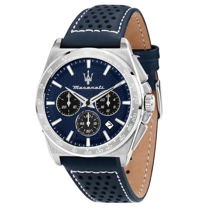 Ανδρικό ρολόι Maserati Velocita R8871652001 χρονογράφος με μπλε δερμάτινο λουράκι, μπλε καντράν με ασημί δείκτες, ένδειξη ημερομηνίας και κάσα 43mm 