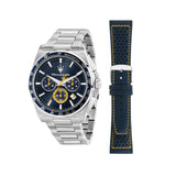 Ανδρικό ρολόι Maserati Velocita R8873652001 χρονογράφος με ασημί μπρασελέ από ανοξείδωτο ατσάλι, μπλε καντράν, ασημένιους δείκτες και κάσα 43mm, με δώρο μπλε δερμάτινο λουράκι στη συσκευασία