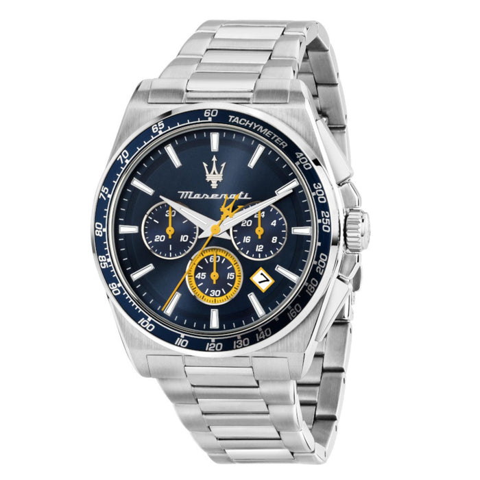 Ανδρικό ρολόι Maserati Velocita R8873652001 χρονογράφος με ασημί μπρασελέ από ανοξείδωτο ατσάλι, μπλε καντράν, ασημένιους δείκτες και κάσα 43mm