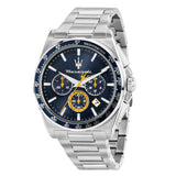 Ανδρικό ρολόι Maserati Velocita R8873652001 χρονογράφος με ασημί μπρασελέ από ανοξείδωτο ατσάλι, μπλε καντράν, ασημένιους δείκτες και κάσα 43mm