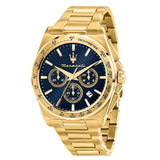 Ανδρικό ρολόι Maserati Velocita R8873652002 χρονογράφος με χρυσό μπρασελέ από ανοξείδωτο ατσάλι, μπλε καντράν, χρυσούς δείκτες, ένδειξη ημερομηνίας και κάσα 43mm