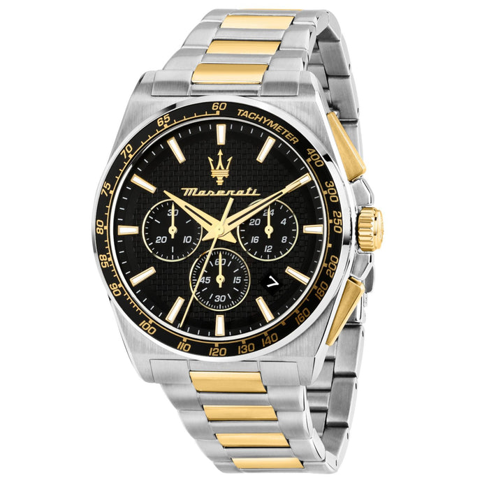 Ανδρικό ρολόι Maserati Velocita R8873652003 χρονογράφος με δίχρωμο μπρασελέ από ανοξείδωτο ατσάλι σε ασημί και χρυσό, μαύρο καντράν, χρυσούς δείκτες, ένδειξη ημερομηνίας και κάσα 43mm .