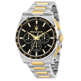 Ανδρικό ρολόι Maserati Velocita R8873652003 χρονογράφος με δίχρωμο μπρασελέ από ανοξείδωτο ατσάλι σε ασημί και χρυσό, μαύρο καντράν, χρυσούς δείκτες, ένδειξη ημερομηνίας και κάσα 43mm .