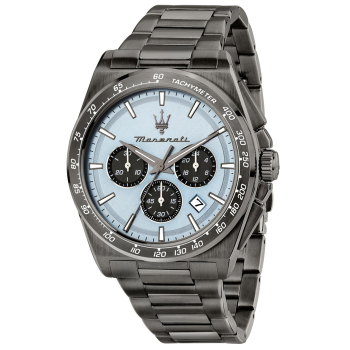 Ανδρικό ρολόι Maserati Velocita R8873652004 χρονογράφος με γκρι μπρασελέ από ανοξείδωτο ατσάλι, γαλάζιο καντράν, γκρι δείκτες, ένδειξη ημερομηνίας και κάσα 43mm.