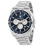 Ανδρικό ρολόι Maserati Velocita R8873652005 χρονογράφος με ασημί μπρασελέ από ανοξείδωτο ατσάλι, μπλε καντράν, ασημί δείκτες, ένδειξη ημερομηνίας και κάσα 43mm