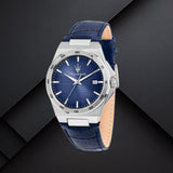 Ανδρικό ρολόι Maserati Velocita Slim R8851153002 με μπλε καντράν και μπλε δερμάτινο λουράκι.