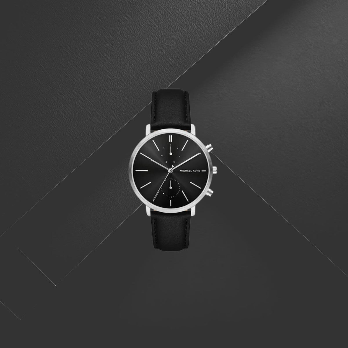 Ανδρικό ρολόι Michael Kors Blake MK9208 με μαύρο δερμάτινο λουράκι και μαύρο καντράν 42mm με ενδείξεις ημέρας και ημερομηνίας
