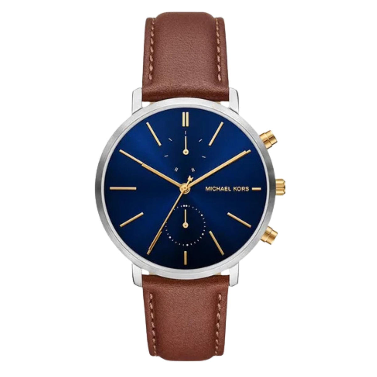 Ανδρικό ρολόι Michael Kors Blake MK9209 με καφέ δερμάτινο λουράκι και μπλε καντράν με ενδείξεις ημέρας και ημερομηνίας