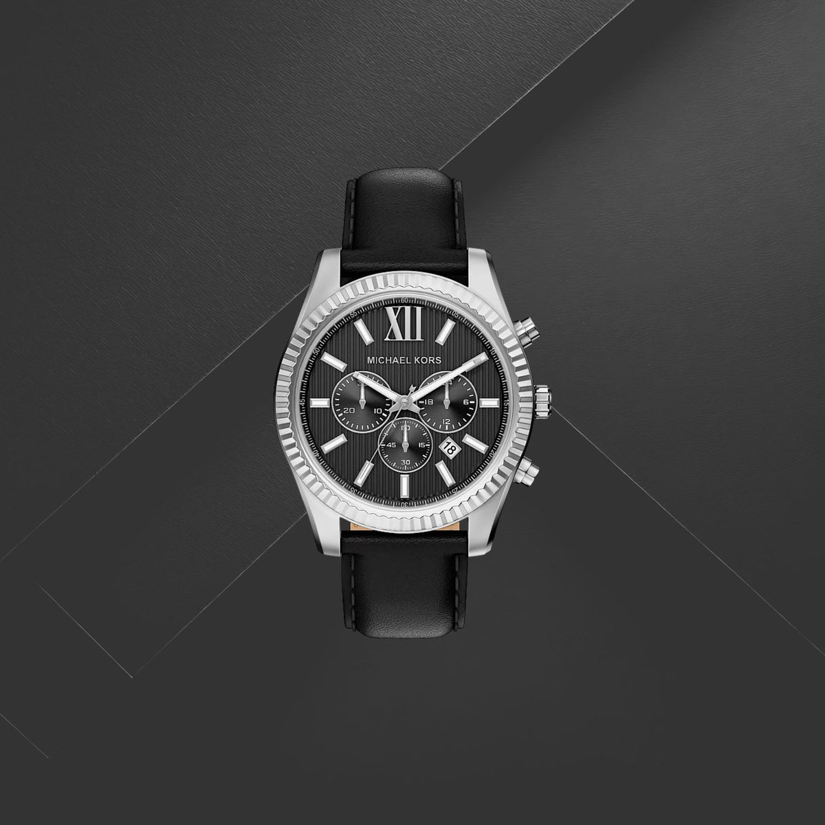 Ανδρικό ρολόι Michael Kors Lexington MK9256 χρονογράφος με μαύρο δερμάτινο λουράκι και μαύρο καντράν 45mm