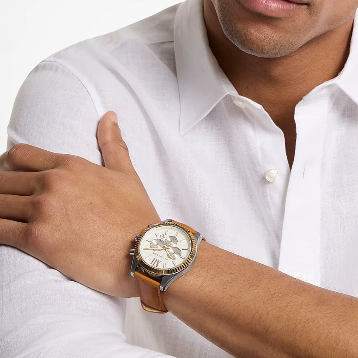 Ανδρικό Ρολόι Michael Kors Lexington MK9257 Χρονογράφος με Καφέ Λουράκι & Λευκό Καντράν