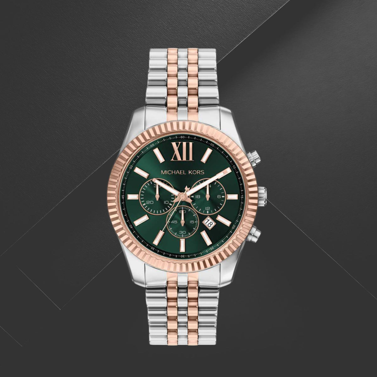 Ανδρικό ρολόι Michael Kors Lexington MK9265 χρονογράφος με ασημί-ροζ χρυσό μπρασελέ και πράσινο καντράν 45mm