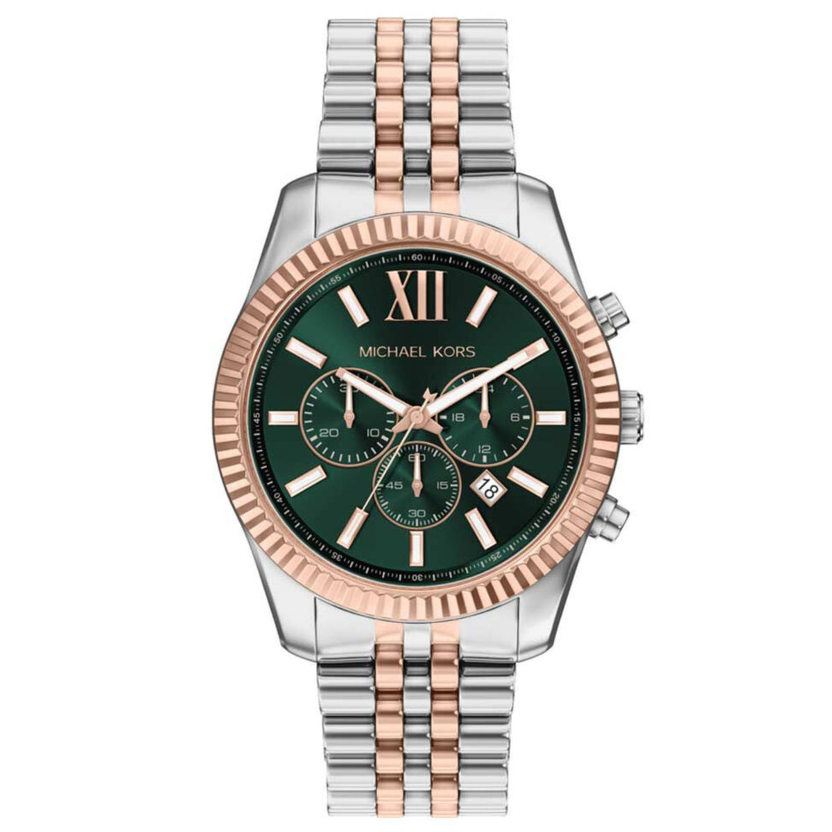 Ανδρικό ρολόι Michael Kors Lexington MK9265 χρονογράφος με ασημί-ροζ χρυσό μπρασελέ και πράσινο καντράν