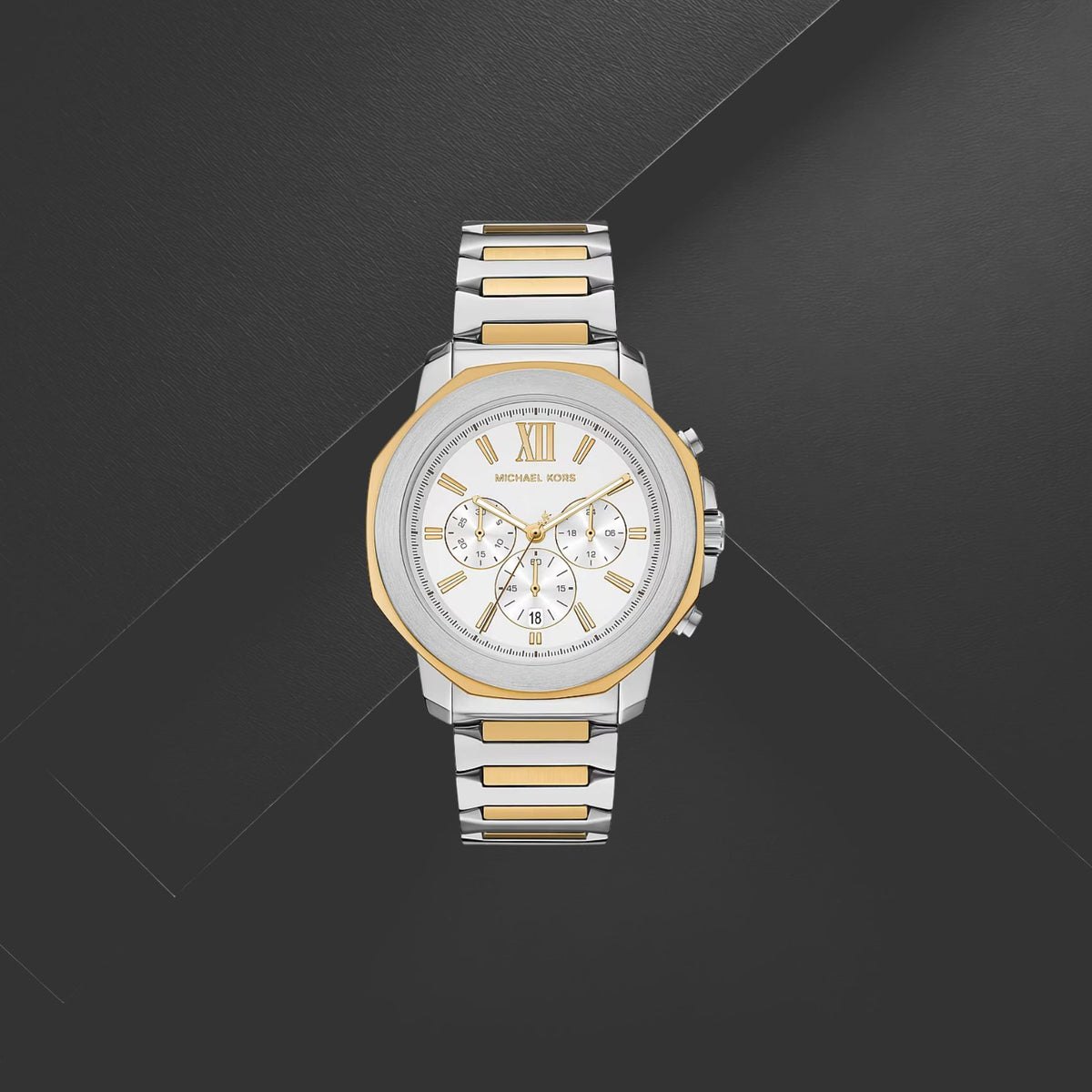 Ανδρικό ρολόι Michael Kors Prescott MK9260 χρονογράφος με ασημί-χρυσό μπρασελέ και λευκό καντράν 44mm