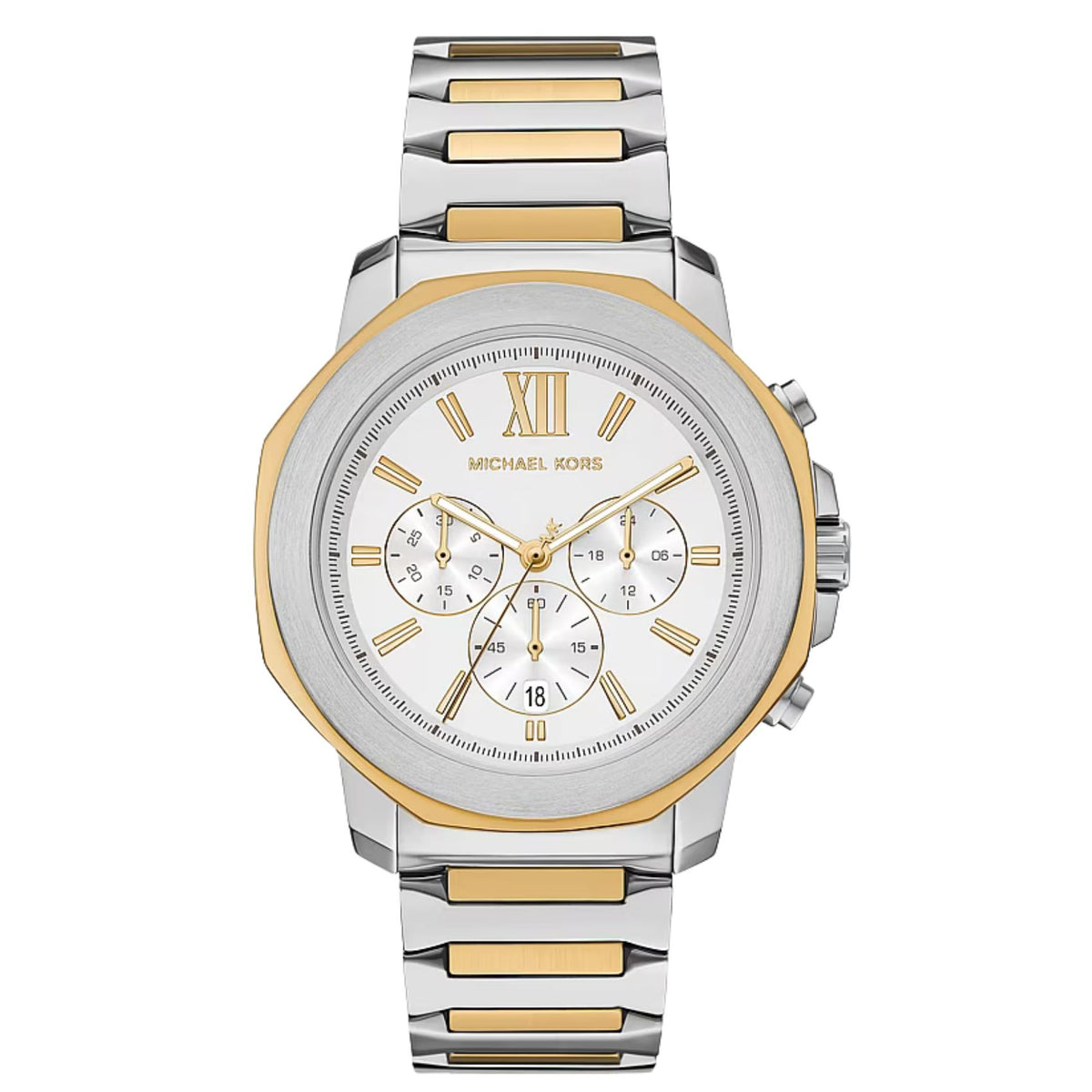 Ανδρικό ρολόι Michael Kors Prescott MK9260 χρονογράφος με ασημί-χρυσό μπρασελέ και λευκό καντράν