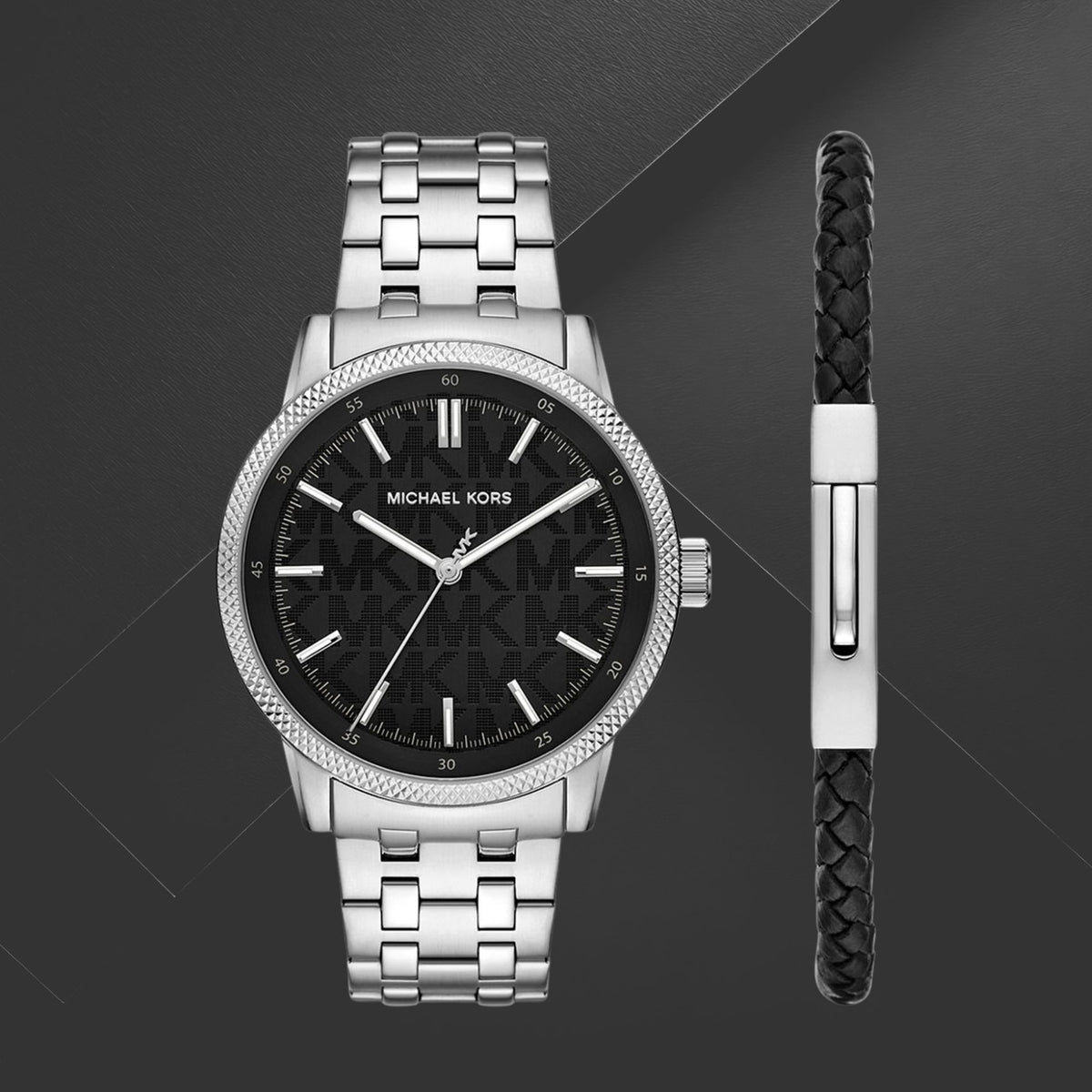 Ανδρικό Ρολόι Michael Kors Wolfe MK9291SET με Ασημί Μπρασελέ & Μαύρο Καντράν