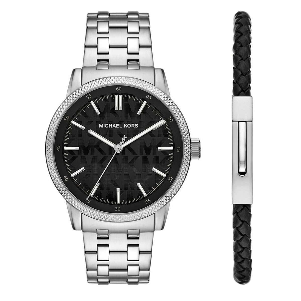 Σετ ανδρικό ρολόι Michael Kors Wolfe MK9291SET με ασημί μπρασελέ και μαύρο καντράν με δερμάτινο βραχιόλι