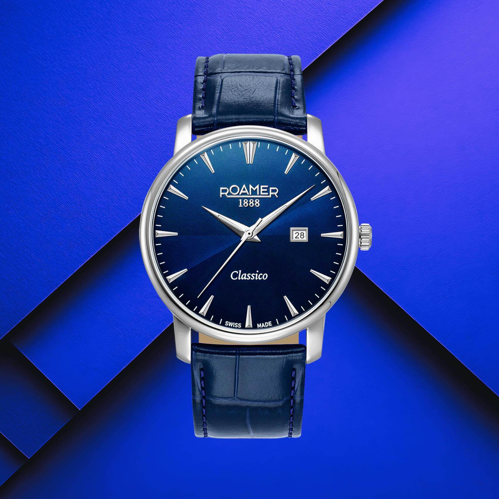 Ανδρικό ρολόι Roamer Classico Gents 971856-41-45-05 με μπλε δερμάτινο λουράκι και μπλε καντράν διαμέτρου 40mm.