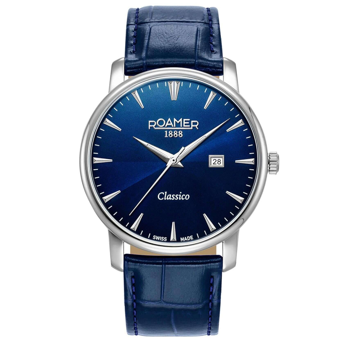 Ανδρικό ρολόι Roamer Classico Gents 971856-41-45-05 με μπλε δερμάτινο λουράκι και μπλε καντράν διαμέτρου 40mm.