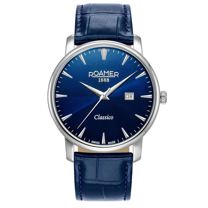 Ανδρικό ρολόι Roamer Classico Gents 971856-41-45-05 με μπλε δερμάτινο λουράκι και μπλε καντράν διαμέτρου 40mm.