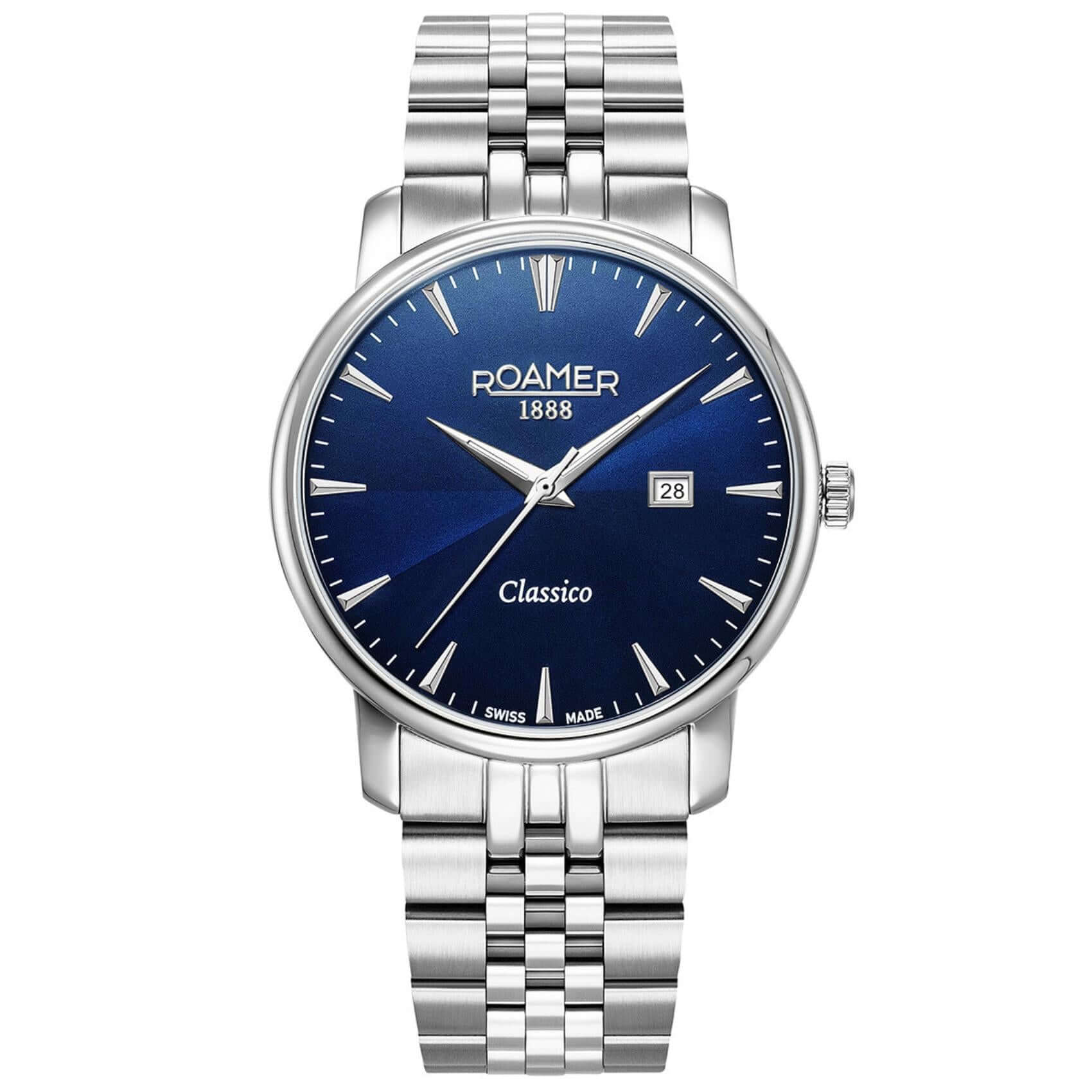 Aνδρικό ρολόι Roamer Classico Gents 971856-41-45-50 με ασημί ατσάλινο μπρασελέ και μπλε καντράν διαμέτρου 40mm.