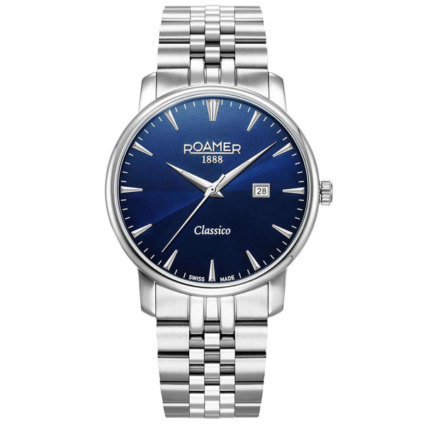 Aνδρικό ρολόι Roamer Classico Gents 971856-41-45-50 με ασημί ατσάλινο μπρασελέ και μπλε καντράν διαμέτρου 40mm.