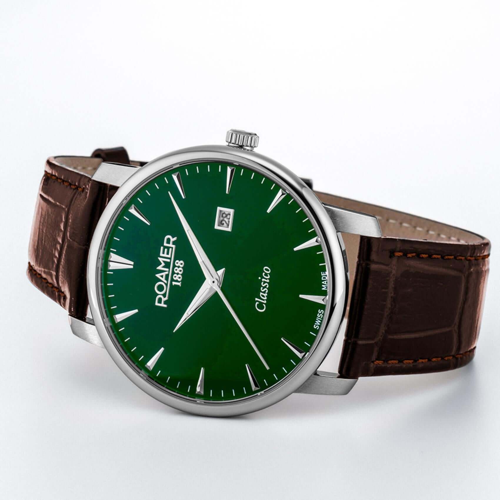 Aνδρικό ρολόι Roamer Classico Gents 971856-41-75-05 με καφέ δερμάτινο λουράκι και πράσινο καντράν 40mm. 