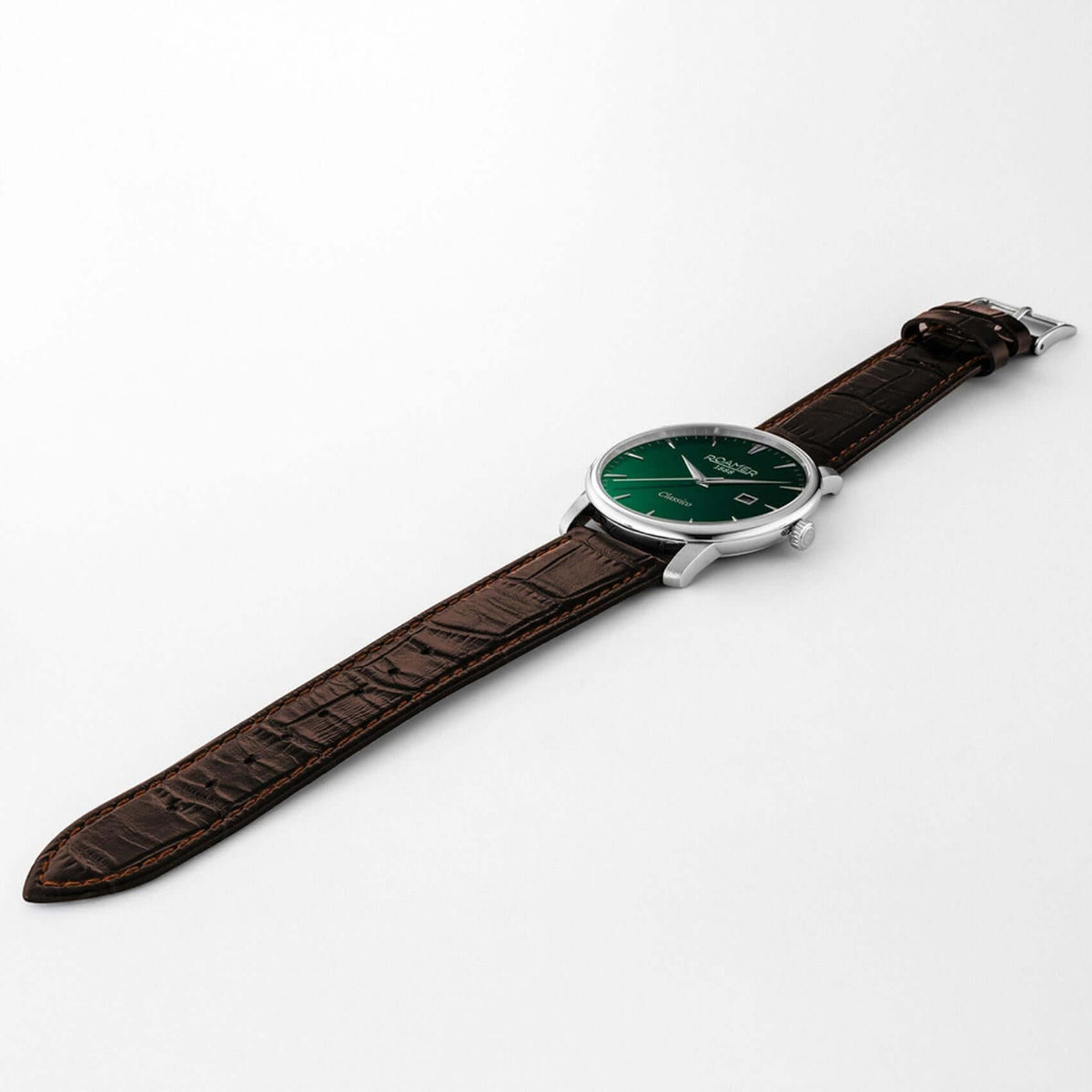 Aνδρικό ρολόι Roamer Classico Gents 971856-41-75-05 με καφέ δερμάτινο λουράκι & πράσινο καντράν 40mm. 