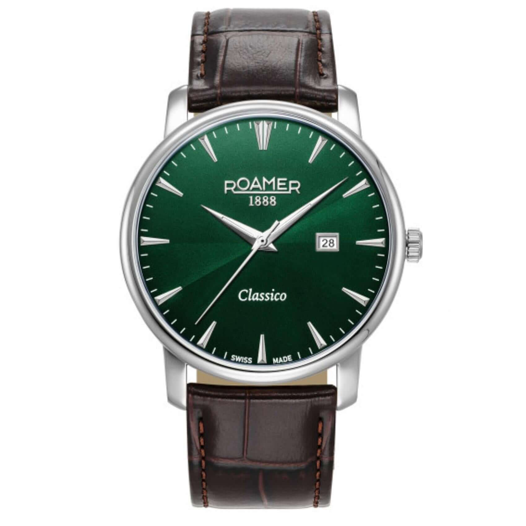 Aνδρικό ρολόι Roamer Classico Gents 971856-41-75-05 με καφέ δερμάτινο λουράκι και πράσινο καντράν διαμέτρου 40mm. 