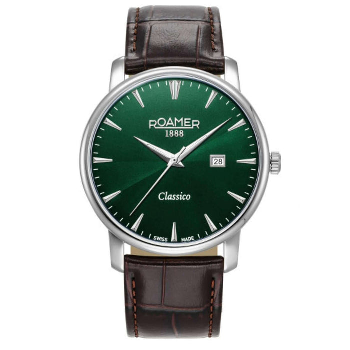 Aνδρικό ρολόι Roamer Classico Gents 971856-41-75-05 με καφέ δερμάτινο λουράκι και πράσινο καντράν διαμέτρου 40mm. 