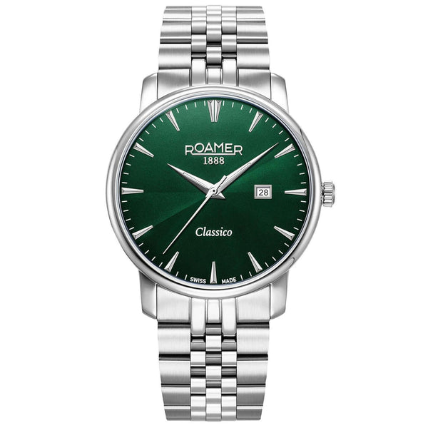 Aνδρικό ρολόι Roamer Classico Gents 971856-41-75-50 με ασημί ατσάλινο μπρασελέ και πράσινο καντράν διαμέτρου 40mm.