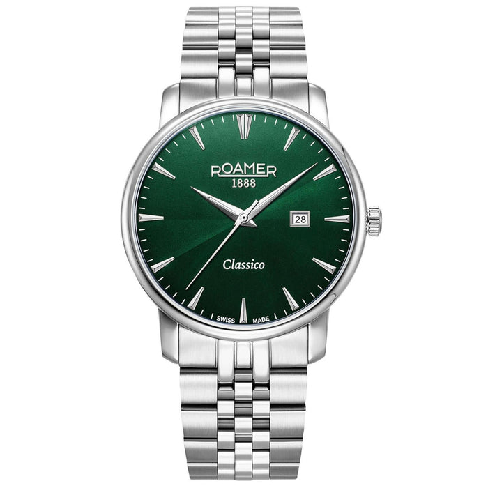 Aνδρικό ρολόι Roamer Classico Gents 971856-41-75-50 με ασημί ατσάλινο μπρασελέ και πράσινο καντράν διαμέτρου 40mm.