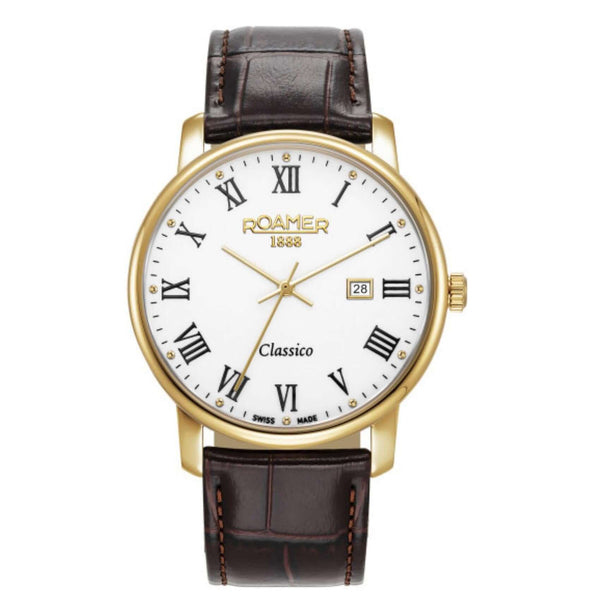 Aνδρικό ρολόι Roamer Classico Gents 971856-48-25-05 με καφέ δερμάτινο λουράκι και άσπρο καντράν διαμέτρου 40mm. 