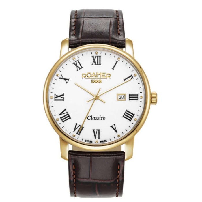 Aνδρικό ρολόι Roamer Classico Gents 971856-48-25-05 με καφέ δερμάτινο λουράκι και άσπρο καντράν διαμέτρου 40mm. 