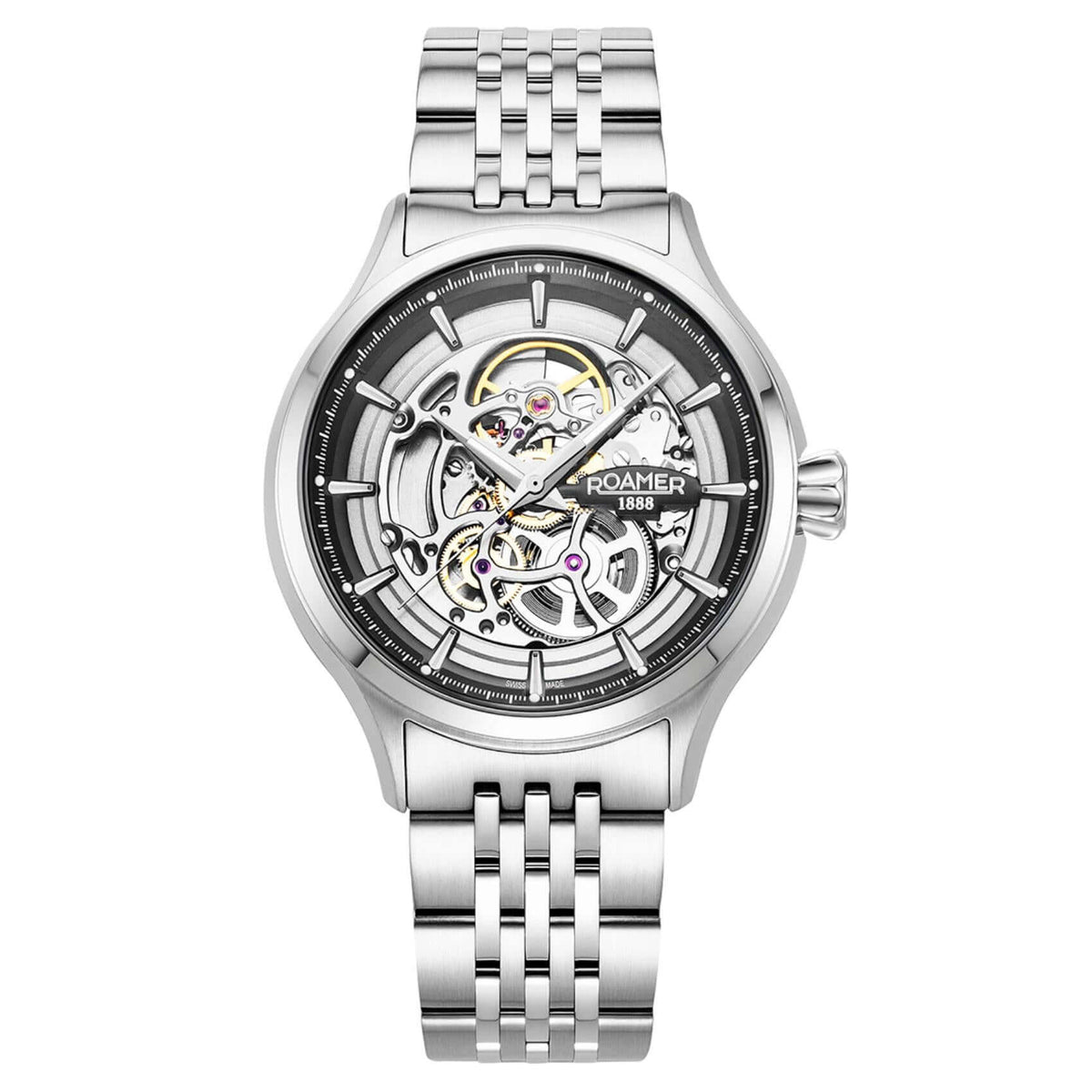 Ανδρικό ρολόι Roamer Competence Skeleton IV 101984-41-85-10 με ασημί ανοξείδωτο ατσάλινο μπρασελέ και ασημί skeleton καντράν με μαύρες λεπτομέρειες.