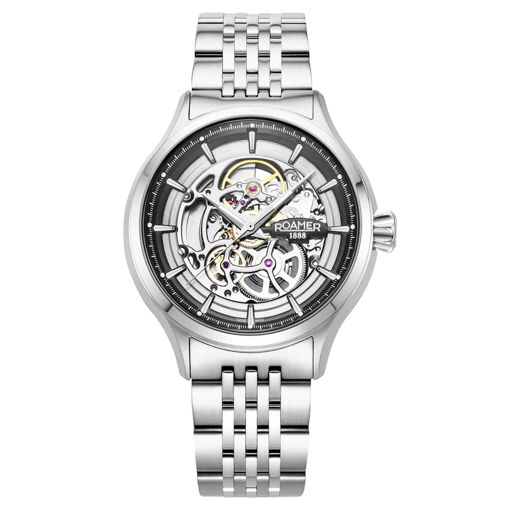 Ανδρικό ρολόι Roamer Competence Skeleton IV 101984-41-85-10 με ασημί ανοξείδωτο ατσάλινο μπρασελέ και ασημί skeleton καντράν με μαύρες λεπτομέρειες.