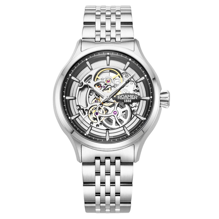 Ανδρικό ρολόι Roamer Competence Skeleton IV 101984-41-85-10 με ασημί ανοξείδωτο ατσάλινο μπρασελέ και ασημί skeleton καντράν με μαύρες λεπτομέρειες.