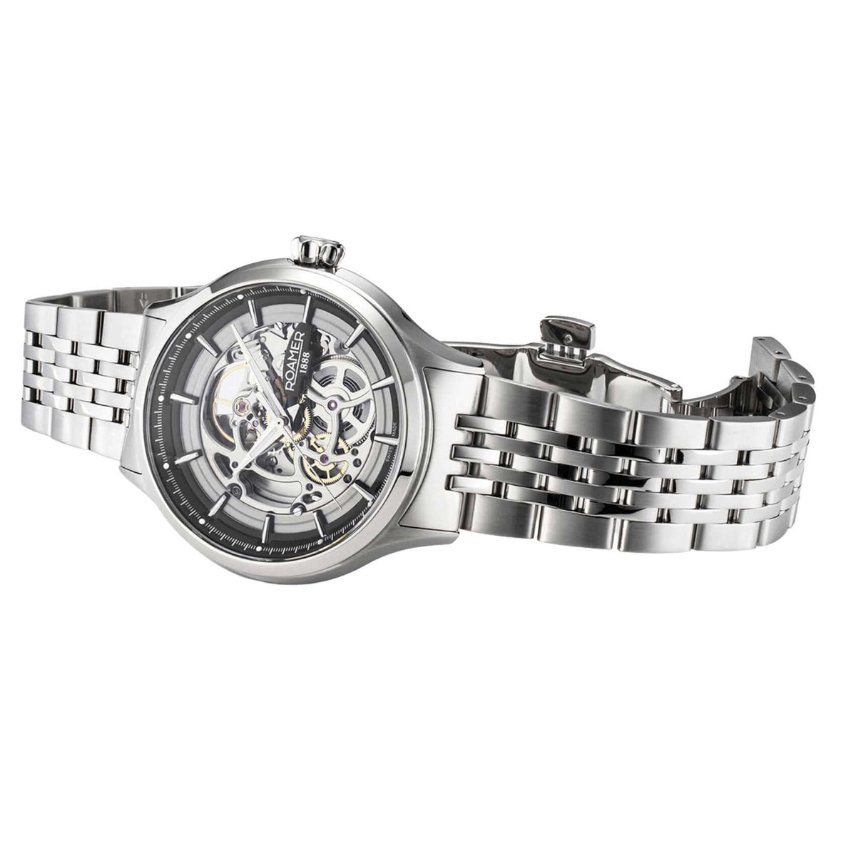 Πλάγια όψη του ανδρικού ρολογιού Roamer Competence Skeleton IV 101984-41-85-10 με έμφαση στο ασημί skeleton καντράν με μαύρες λεπτομέρειες.