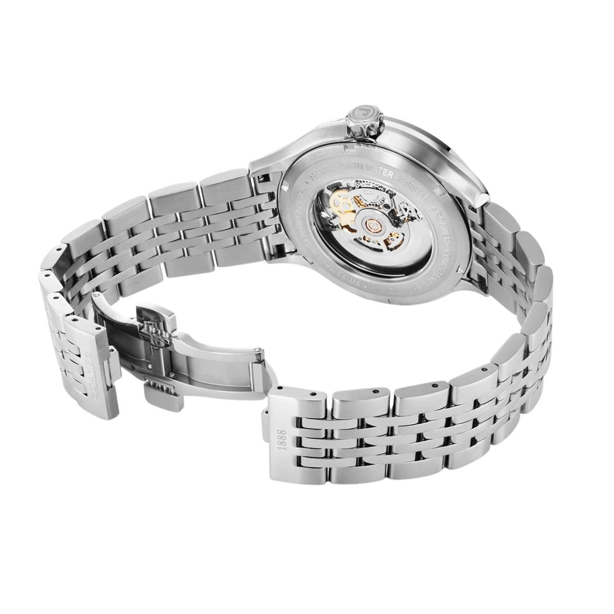 Πίσω όψη του ανδρικού ρολογιού Roamer Competence Skeleton IV 101984-41-85-10 με εμφανή τον open back αυτόματο swiss-made μηχανισμό.