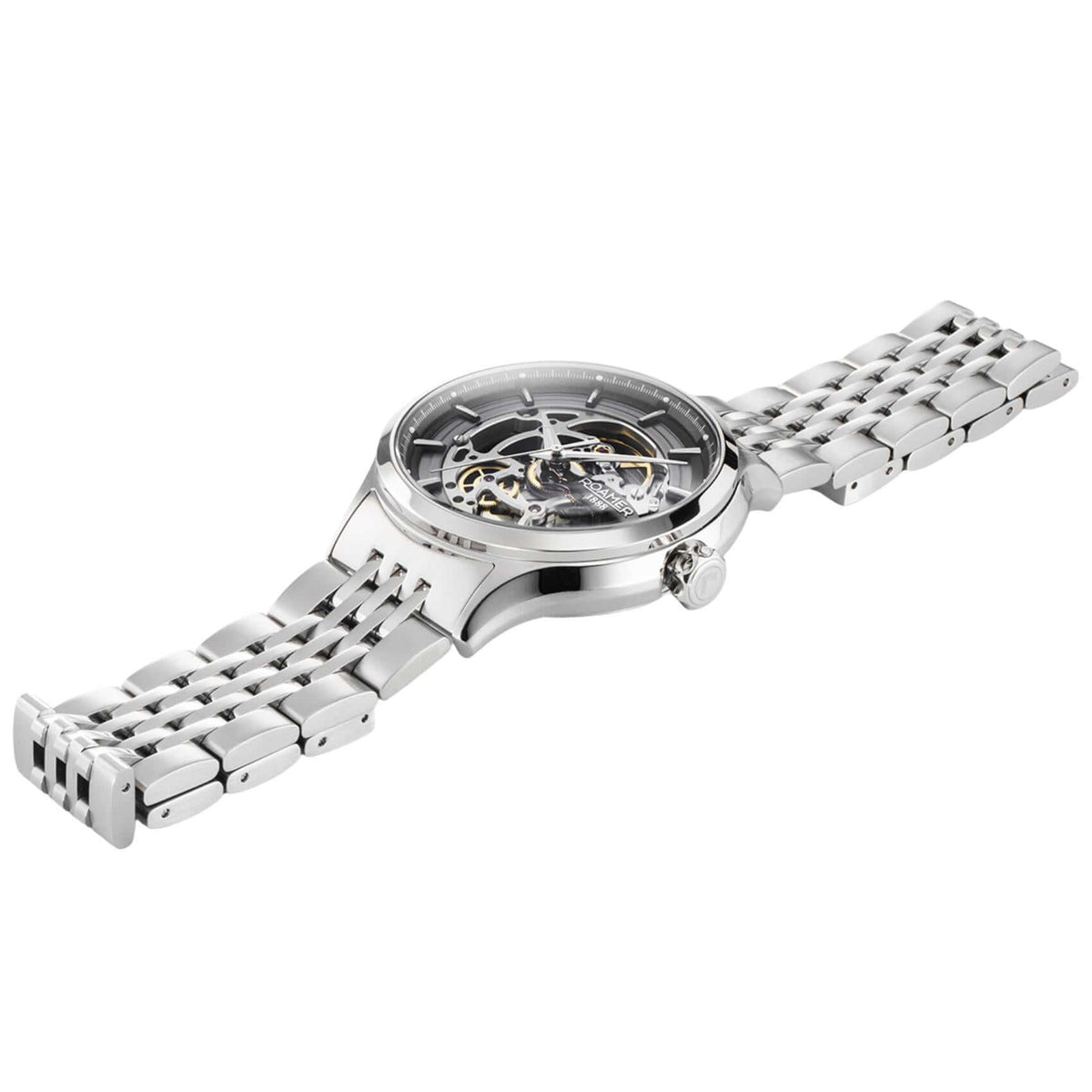 Πλάγια προβολή του ανδρικού ρολογιού Roamer Competence Skeleton IV 101984-41-85-10 με ασημί ανοξείδωτο ατσάλινο μπρασελέ και κάσα 43mm.