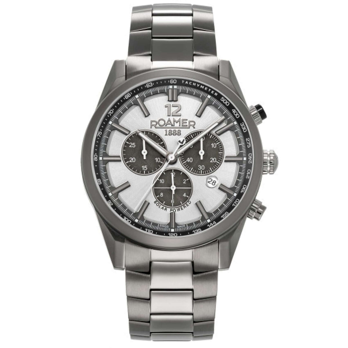 Ανδρικό ρολόι Roamer Helios Power 973981-44-15-20 Solar με ανθρακί μπρασελέ από τιτάνιο και άσπρο καντράν διαμέτρου 43.5mm.