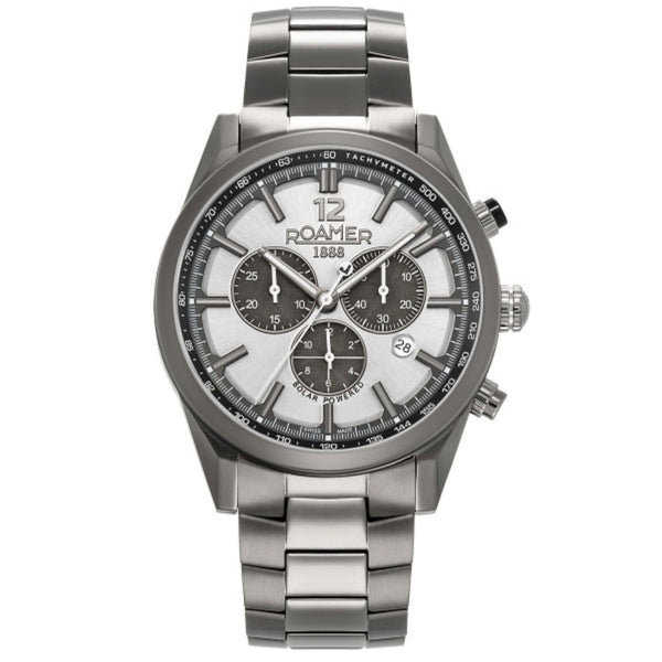Ανδρικό ρολόι Roamer Helios Power 973981-44-15-20 Solar με ανθρακί μπρασελέ από τιτάνιο και άσπρο καντράν διαμέτρου 43.5mm.