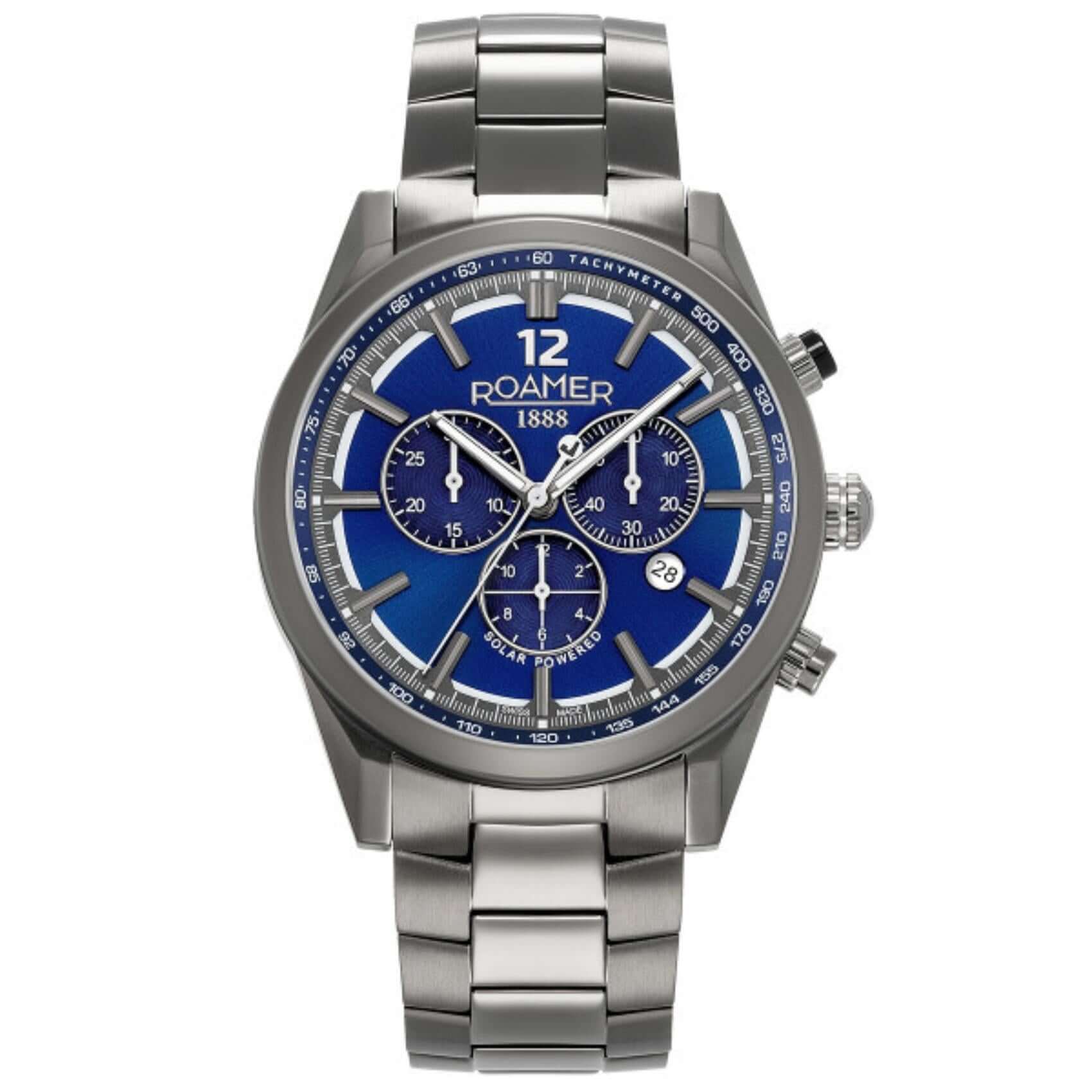 Ανδρικό ρολόι Roamer Helios Power 973981-44-45-20 Solar με ανθρακί μπρασελέ από τιτάνιο και μπλε καντράν διαμέτρου 43.5mm.