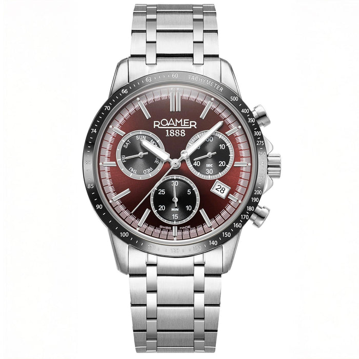Ανδρικό ρολόι Roamer Mercury Chrono 968988-41-65-20 χρονογράφος με ασημί ατσάλινο μπρασελέ και κόκκινο καντράν διαμέτρου 43mm.