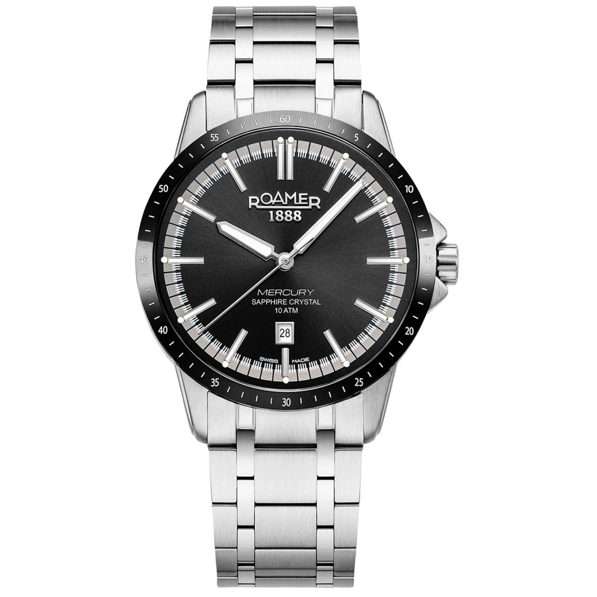 Ανδρικό ρολόι Roamer Mercury Classic 968833-41-85-20 με ασημί μπρασελέ και μαύρο καντράν