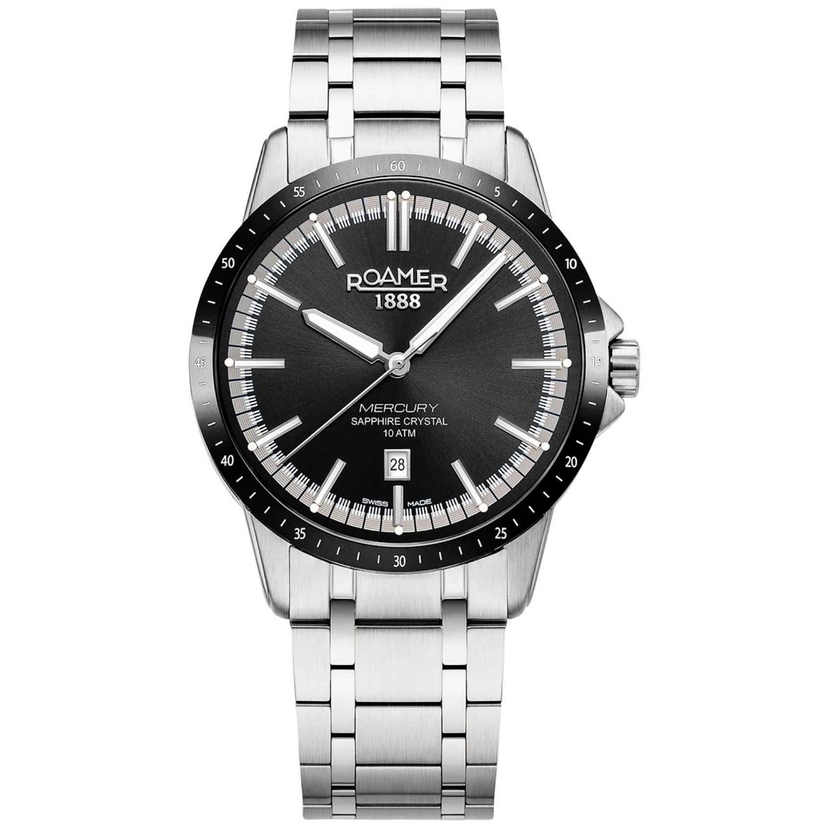 Ανδρικό ρολόι Roamer Mercury Classic 968833-41-85-20 με ασημί μπρασελέ και μαύρο καντράν